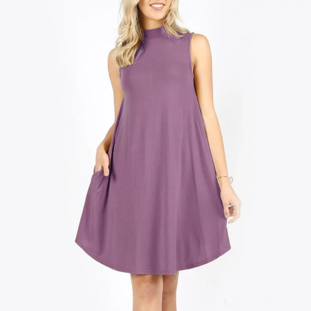 Contemporary Casual Sleeveless Mock-neck Shift Dress